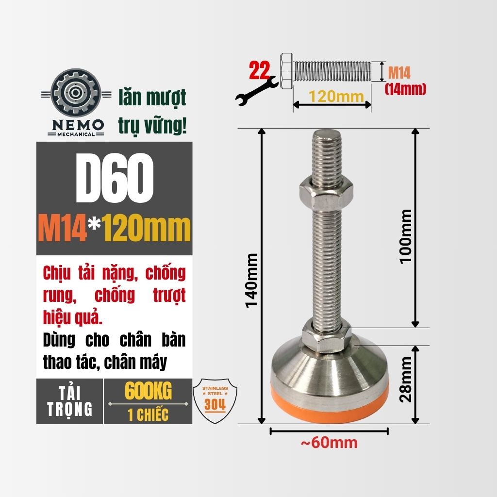 Chân Tăng Chỉnh Inox 304 Ren M14 – Đế Bát Dày Chịu Tải Siêu Nặng 600kg, Chống Ăn Mòn Tuyệt Đối